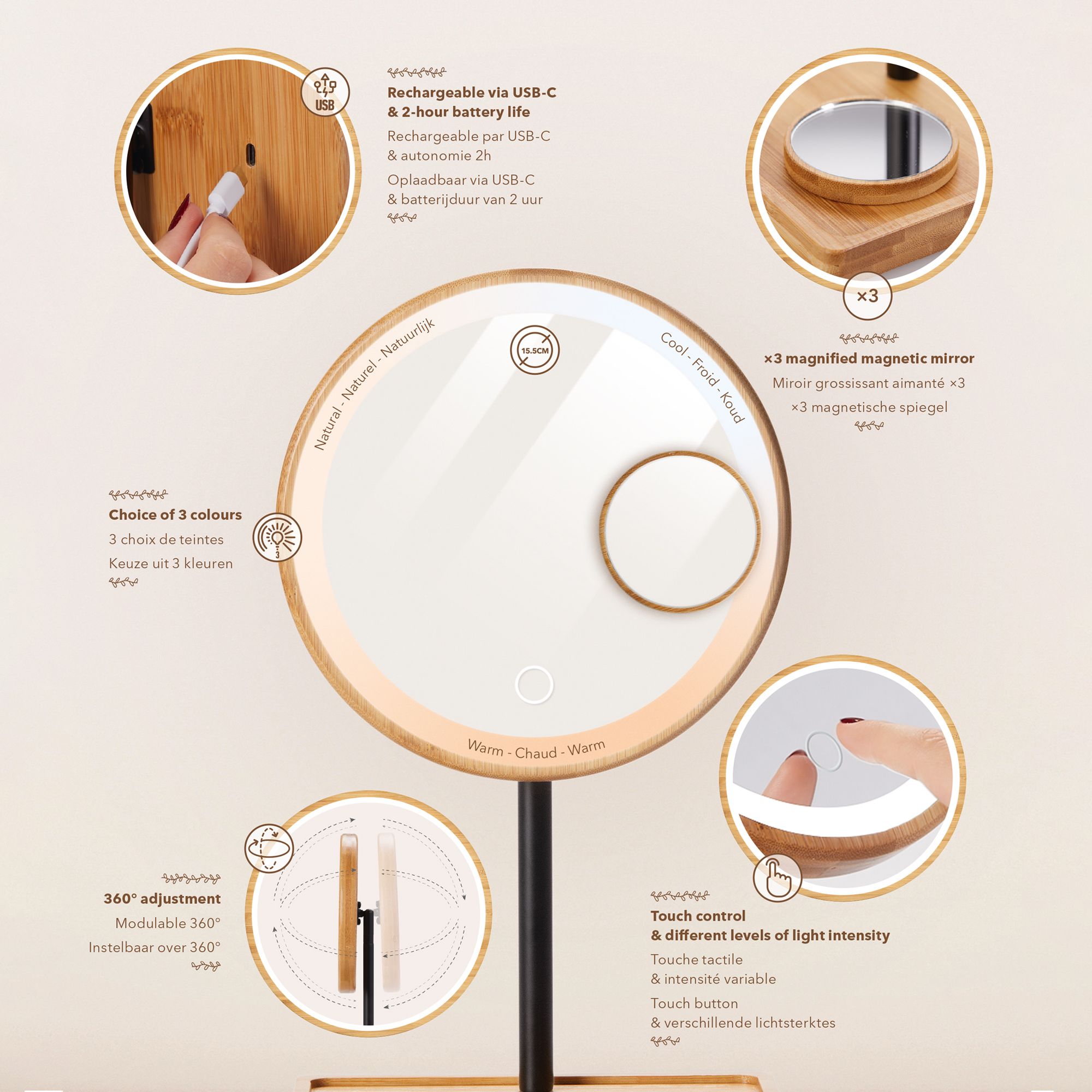 Lanaform Bamboo Mirror – Laddningsbar sminkspegel med LED-belysning och bambudetaljer
