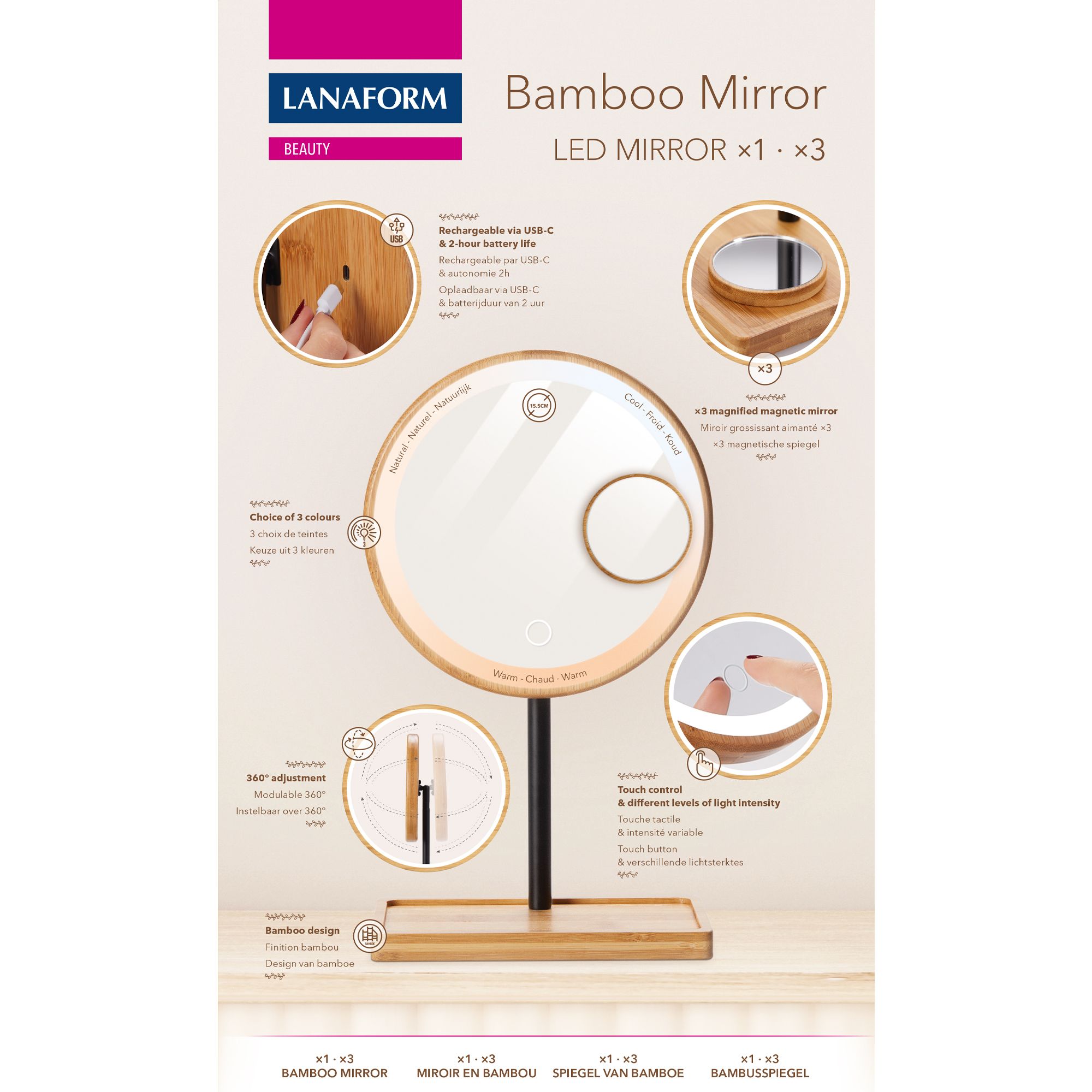Lanaform Bamboo Mirror – Laddningsbar sminkspegel med LED-belysning och bambudetaljer