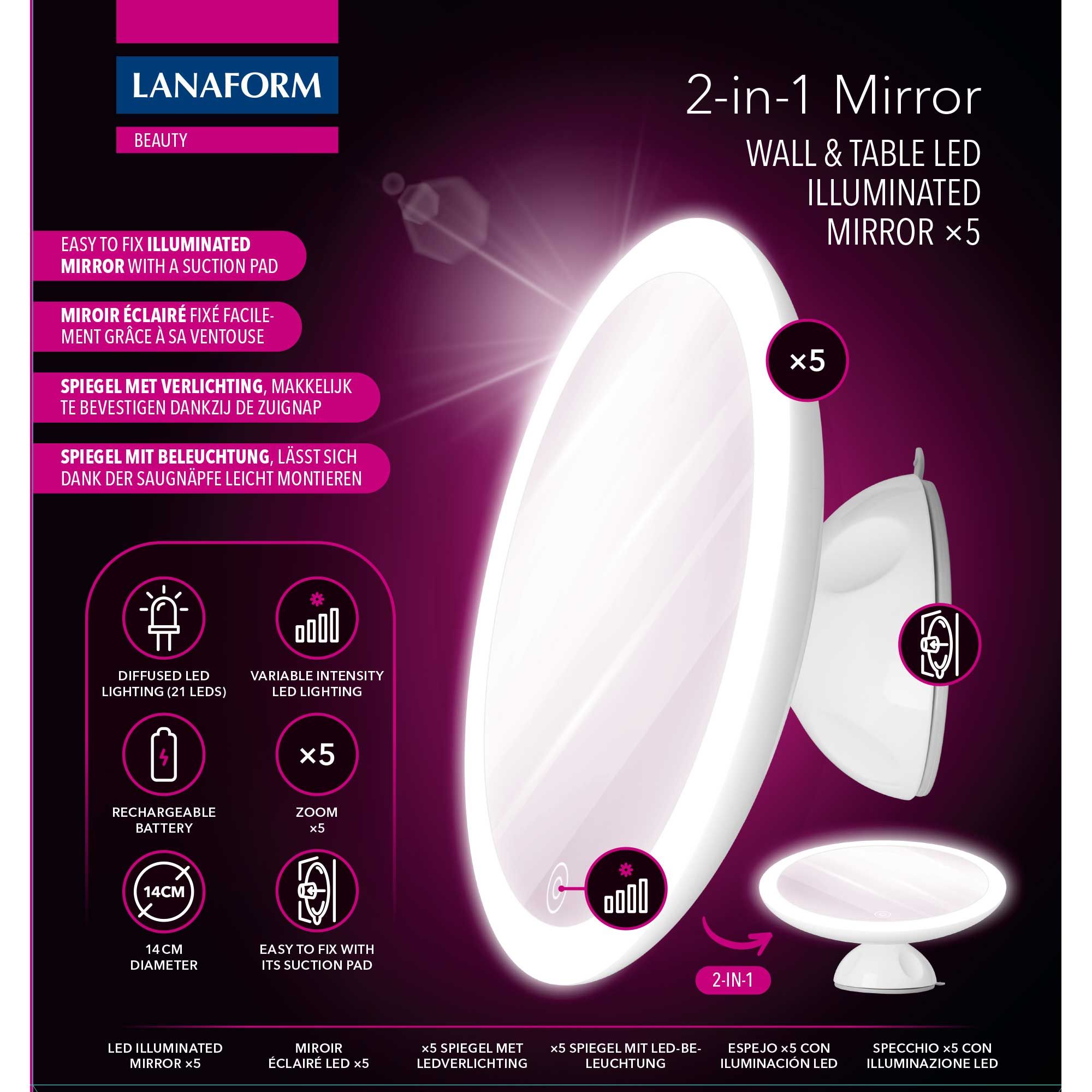 Lanaform 2in1 Mirror – Dubbelsidig sminkspegel med LED-belysning och 5x förstoring