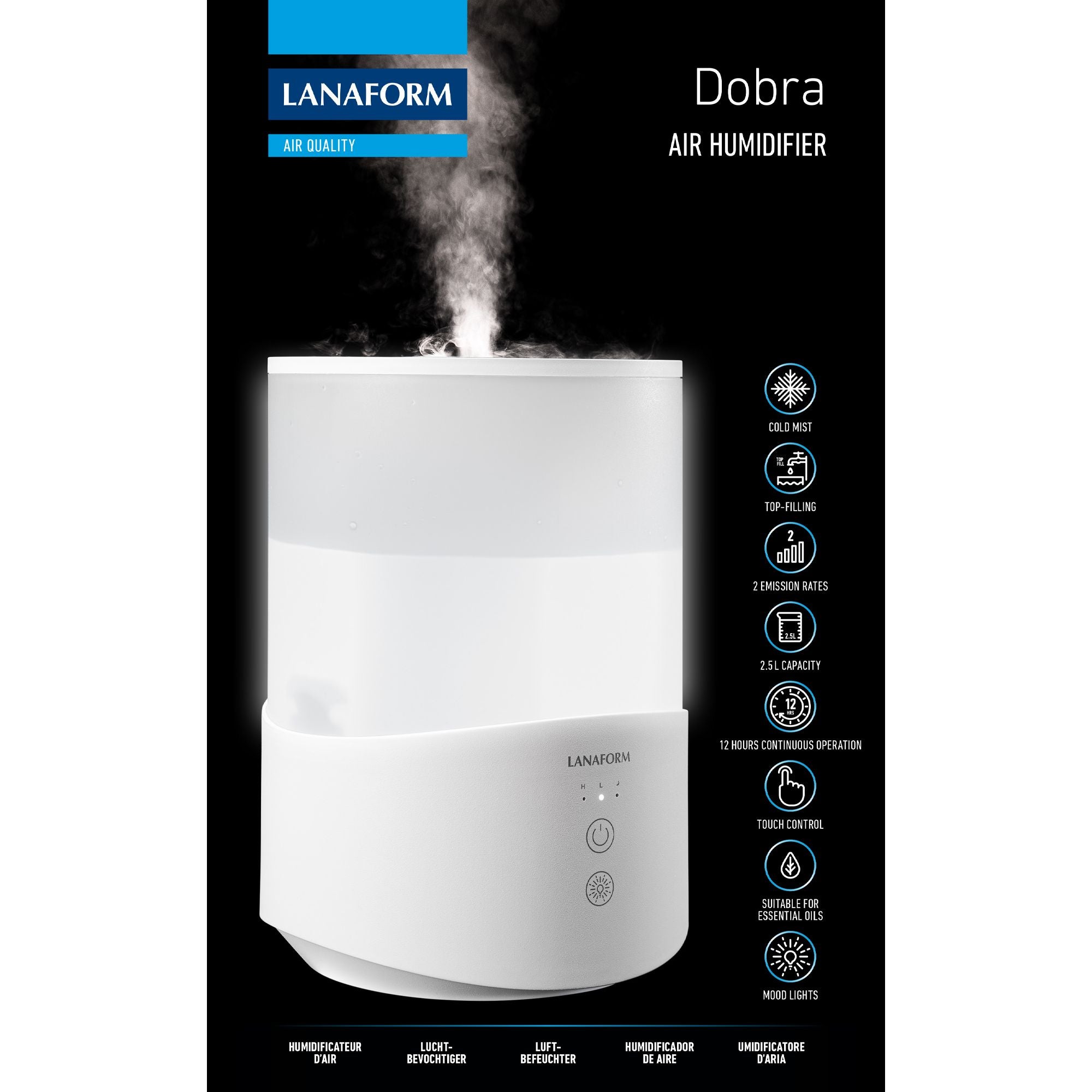 Lanaform Dobra – Luftfuktare med aromadiffuser och LED-ljus i elegant design