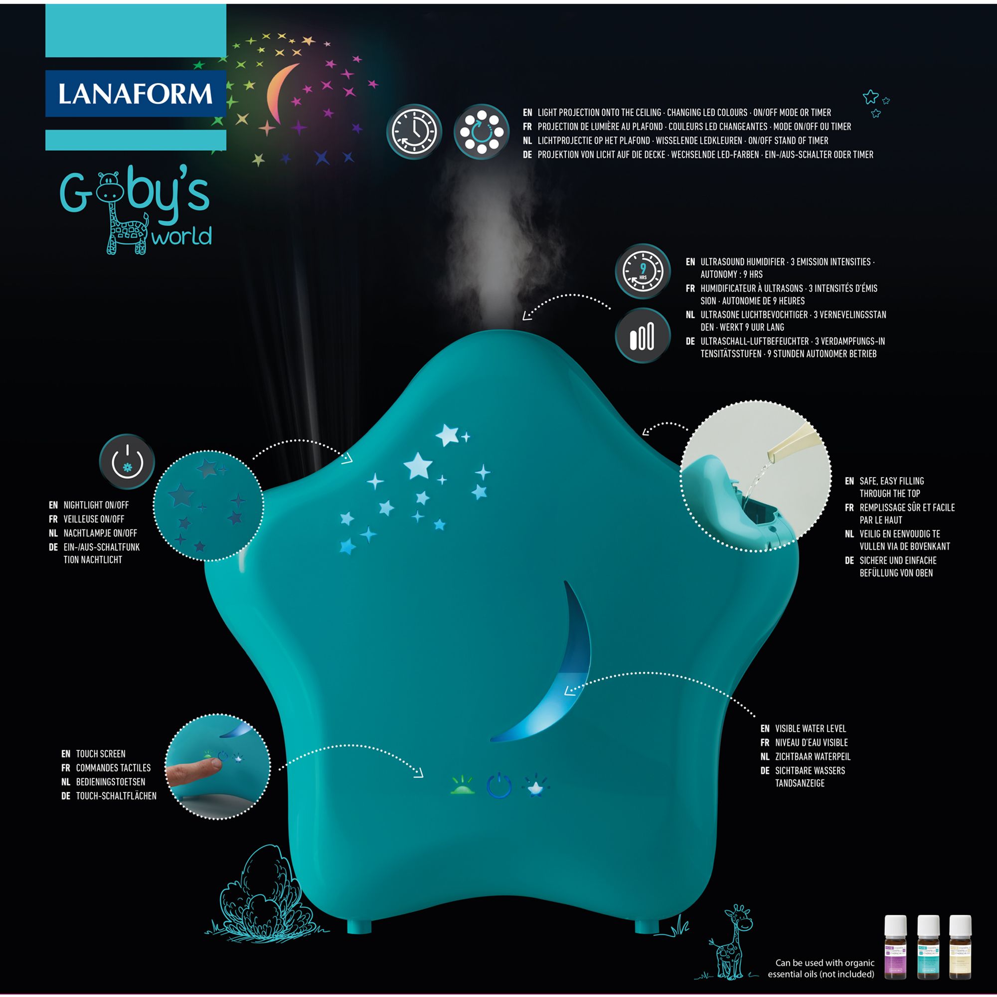 Lanaform Moony – Luftfuktare för barn med nattlampa och kall ånga