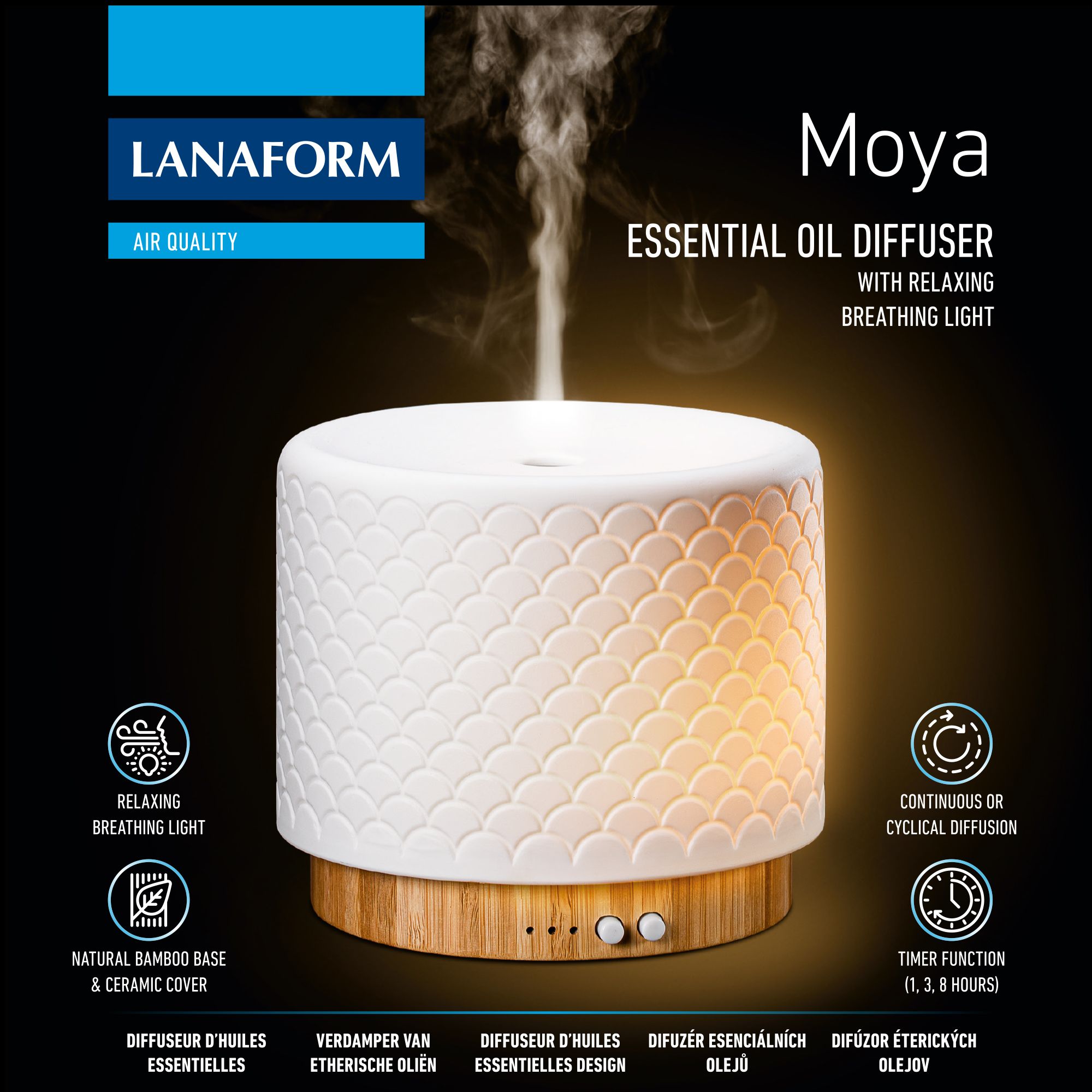 Lanaform Moya – Ultrasonic diffuser with LED lighting and fragrance diffusion