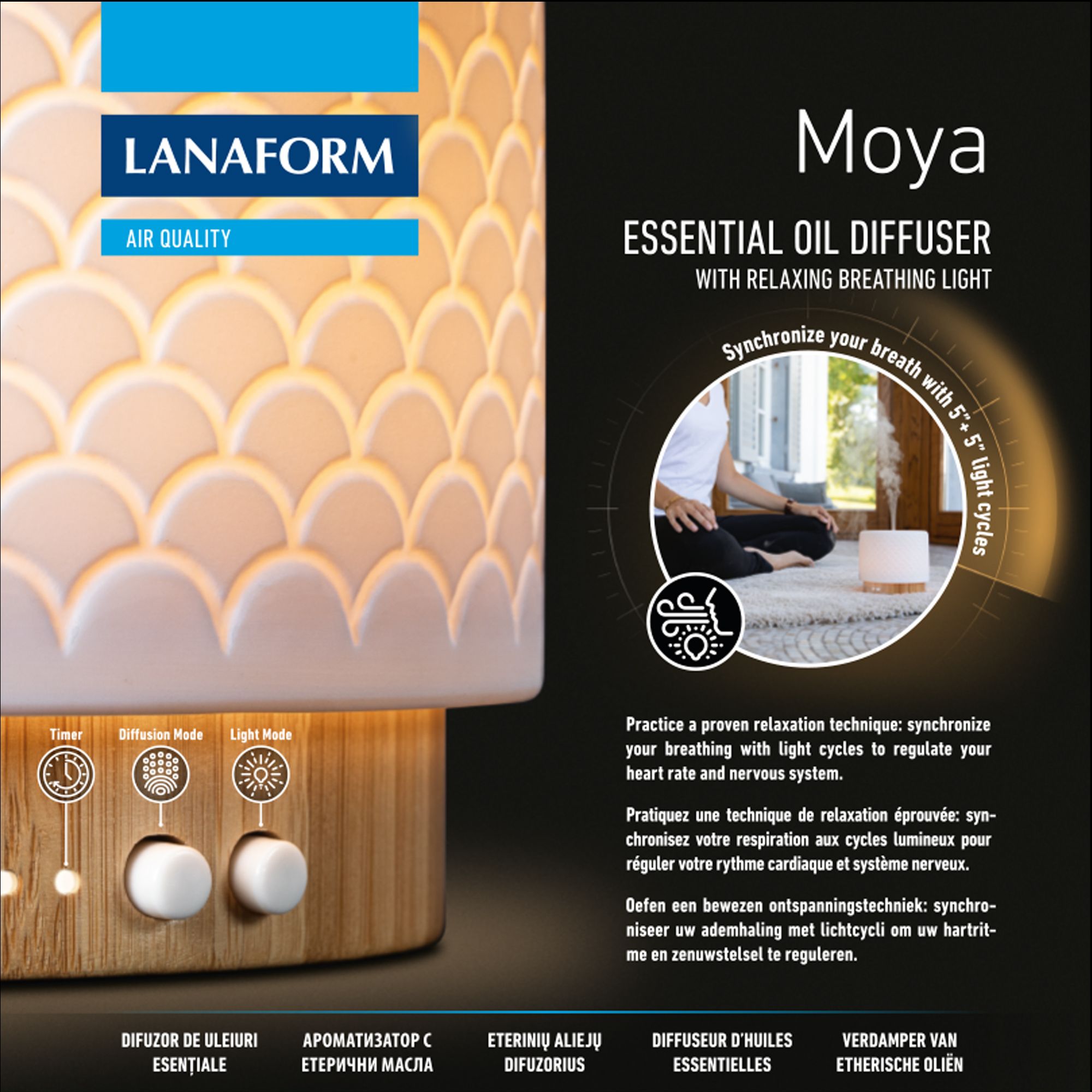 Lanaform Moya – Ultrasonic diffuser with LED lighting and fragrance diffusion